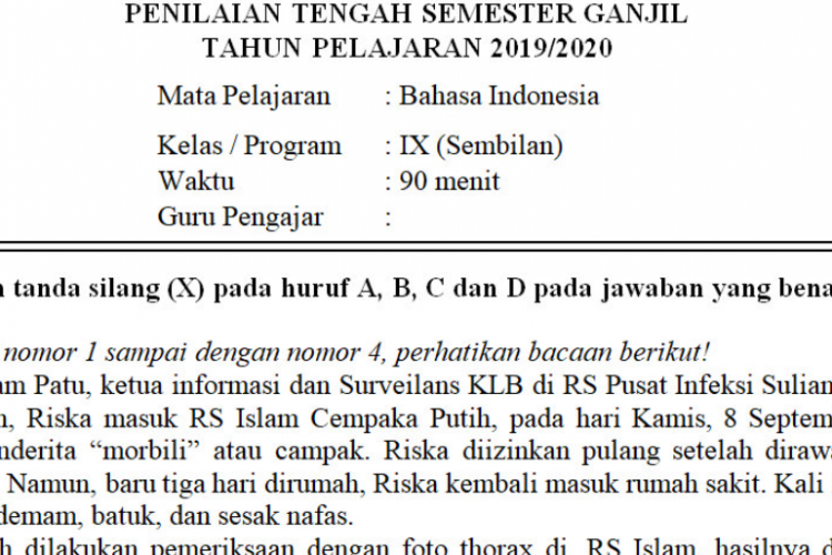 Contoh Soal-soal UTS Bahasa Indonesia SMP/MTS Kelas 9 Semester 1 Beserta Jawabannya! 