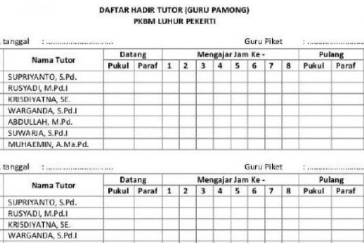 Contoh Absensi Guru Jam Datang dan Pulang Terbaru 2023, Bisa Digunakan Untuk Semua Jenjang Pendidikan