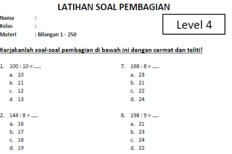 Link Download Soal Latihan Matematika (Pembagian) Kelas 3 SD, Sudah Disertai Kunci Jawaban!