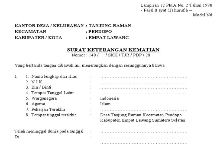 Link Download Contoh Formulir Surat Keterangan Kematian Dari RT Untuk Mengurus Akta Kematian