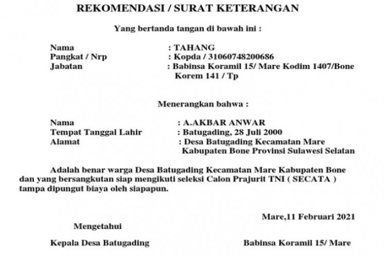 Download Contoh Surat Rekomendasi Keterangan Babinsa, Dalam Bentuk Doc/ PDF