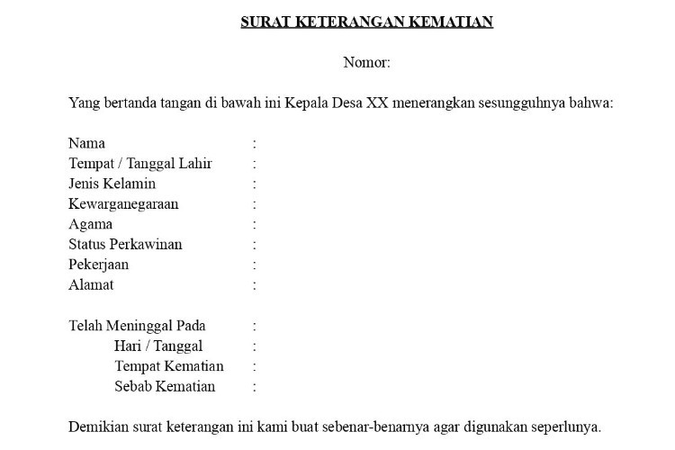 Contoh Surat Keterangan Kematian yang Benar Sesuai Dengan Format Dari Dukcapil