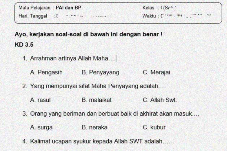 Link Download Soal PTS Agama Kelas 4 SD/MI Semester 2 Tahun 2023 Buat Latihan Agar Lancar Dalam Ujian