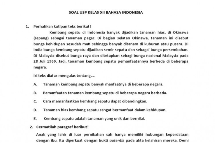 Download Soal USP Bahasa Indonesia Kelas XII SMA/SMK, Bisa Untuk Latihan Belajar Lengkap Kunci Jawaban