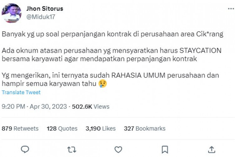 Viral Twitter dan TikTok, Peringatan 1 Mei Tentang Isu Karyawati Pabrik Cikarang Diajak Staycation Oknum Atasan