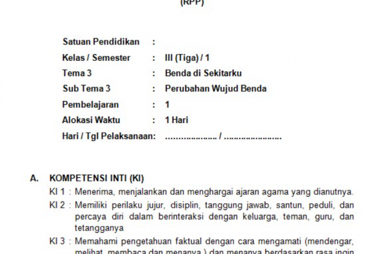 Download RPP Kelas 3 SD/MI Pada Semester 1 Kurikulum 2013, Tema 1,2,3, dan 4 Terlengkap!