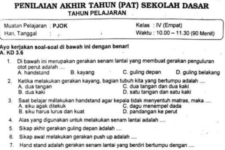 Download Kisi-kisi PAT PJOK Olahraga Kelas 4 SD MI Semester 2, Soal Sudah Lengkap dengan Jawaban!