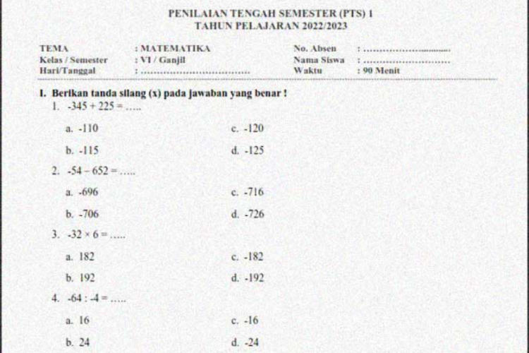 Kumpulan Latihan Soal Matematika UAS Kelas 6 Semester 1 K13, Sudah Lengkap dengan Kunci Jawaban