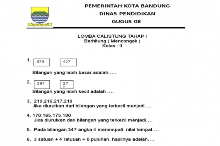 Download Soal Lomba Calistung Kelas 3 SD/MI Terlengkap Format Doc