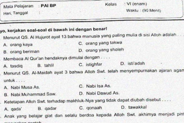 Download Contoh Soal PAI Kelas 6 Semester Genap PDF/Doc, Disertai Kunci Jawaban