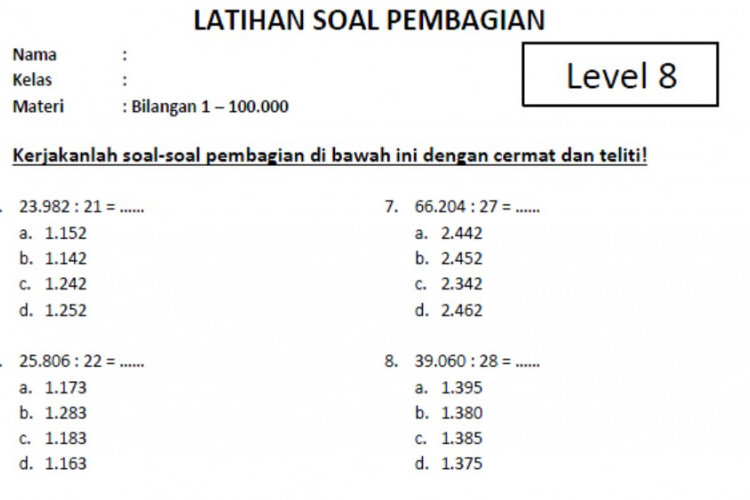 Contoh Soal Pembagian Matematika Kelas 6 SD MI, Dilengkapi dengan Pembahasan!