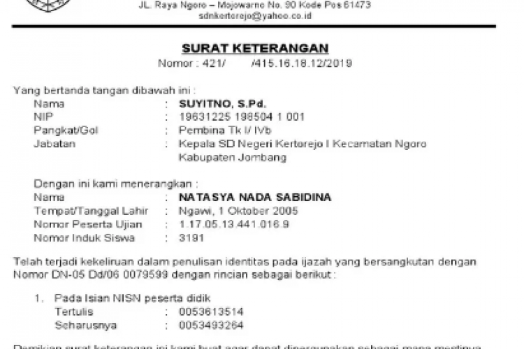 Download Contoh Surat Pernyataan Kesalahan Penulisan NISN Pada Ijazah PDF, Unduh Disini Gratis!