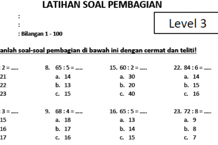 Contoh Soal Pembagian Kelas 3 SD/MI Terbaru Beserta Kunci Jawaban Lengkap!