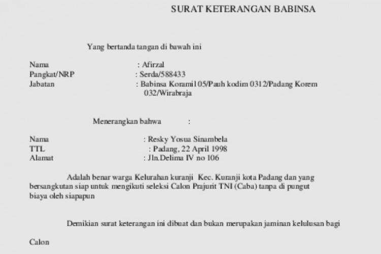 Contoh Surat Keterangan Babinsa dan Prosedur Cara Mendapatkannya