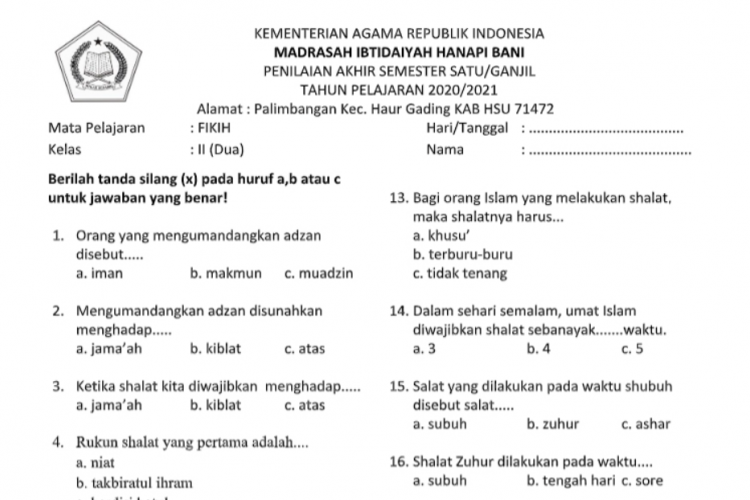 Download Kisi-kisi UAS/PAS Untuk SD MI Kelas 2 Semester 2, Tersedia Tema 5,6,7, dan 8