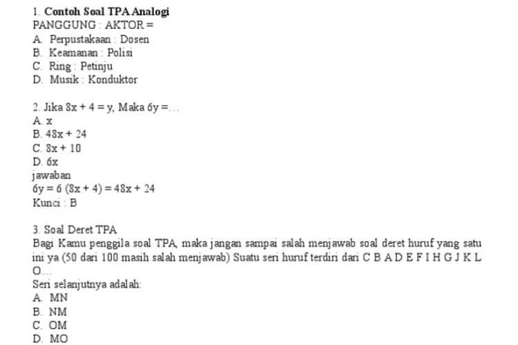 15 Contoh Soal Tes Potensi Akademik (TPA) Terbaru Lengkap Dengan Kunci Jawaban dan Pembahasannya 