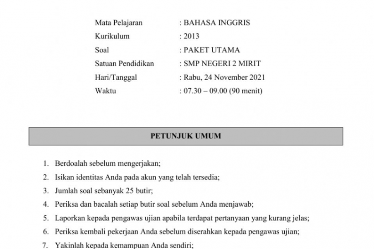 Kumpulan Contoh Soal UAS Bahasa Inggris Kelas 7 Semester 1 Tahun 2023, Beserta Kunci Jawaban!