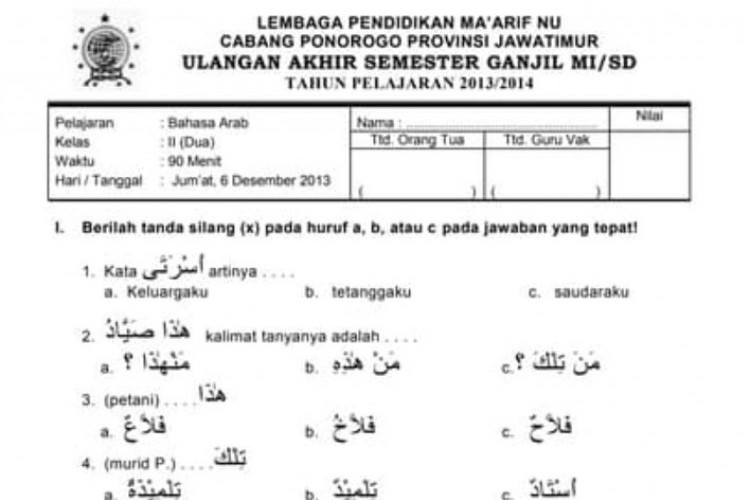 Link Download Kumpulan Soal UAS Bahasa Arab Kelas 3 Semester 1, Mulai dari Pilihan Ganda hingga Essay