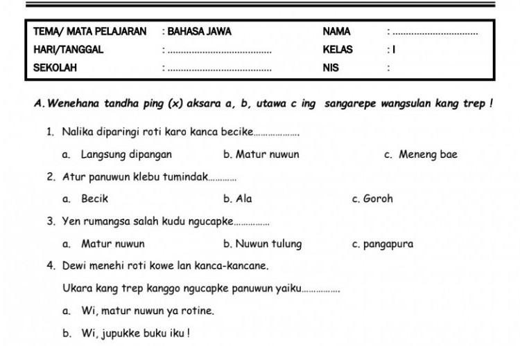 Download Kumpulan Soal PDF UTS Bahasa Jawa Untuk Kelas 1 Semester 2, Lengkap Pembahasan Jawaban